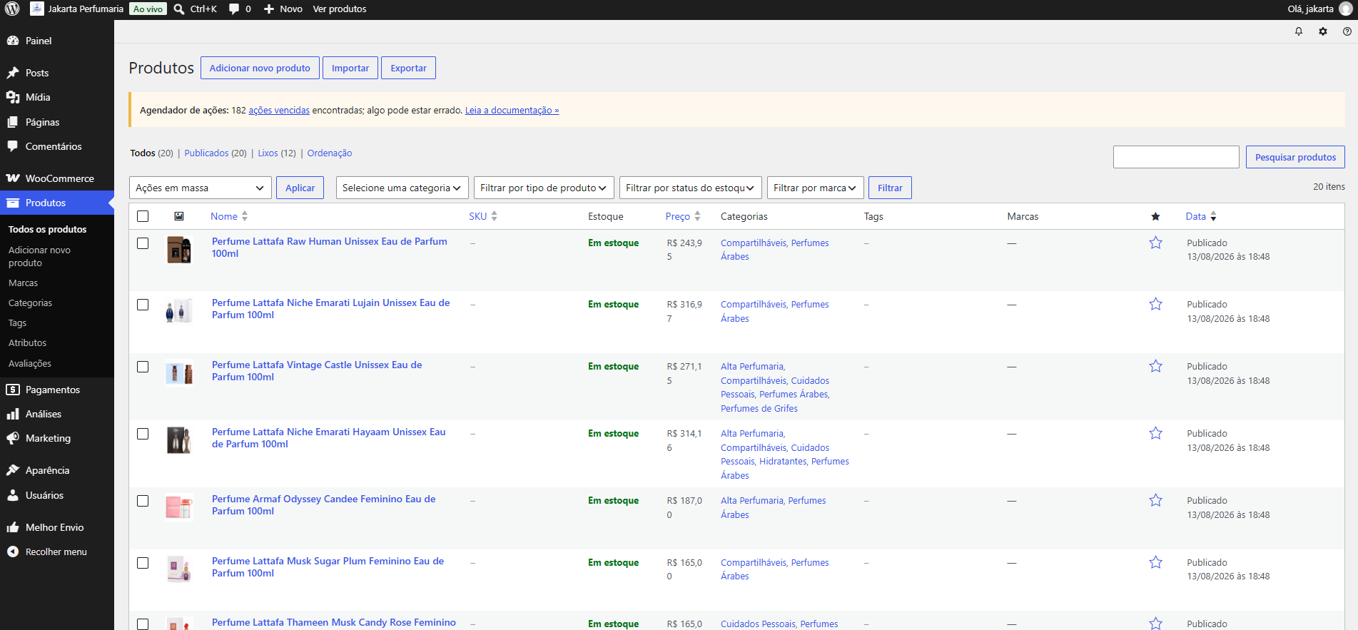Menu Produtos no painel do WordPress